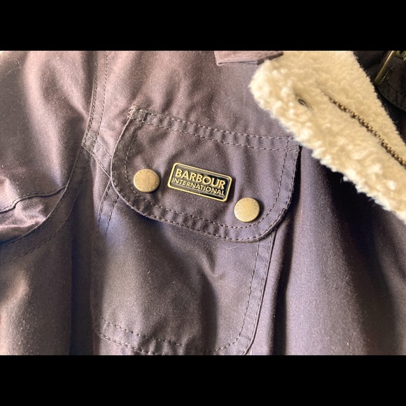 Barbour Int’l Waxed moto jacket map faux shearling lining US size 4 (Dark Brown) - Picture 6 of 7